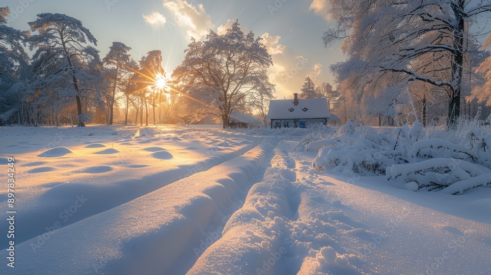 Snowy landscape under a warm sky