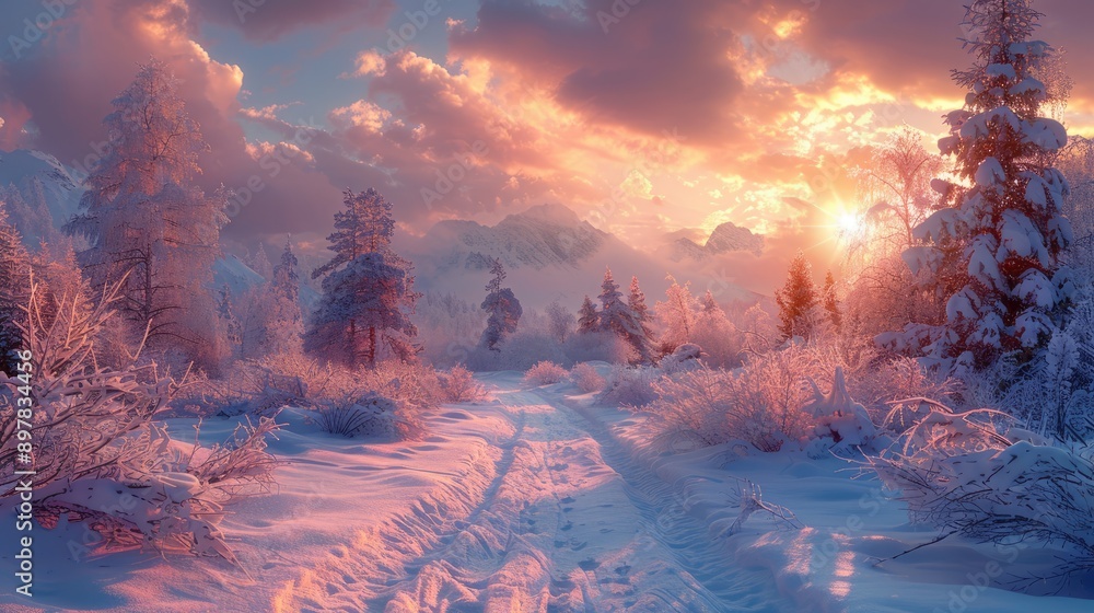 Snowy landscape under a warm sky