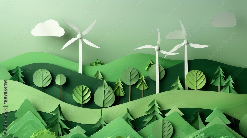 Paper art , renewable energy with green energy as wind turbines , Renewable energy by 2050 Carbon neutral energy , Energy consumption and CO2, Reduce CO2 emission concept Paper art , renewable energy with green energy as wind turbines , Renewable energy by 2050 Carbon neutral energy , Energy consumption and CO2, Reduce CO2 emission concept