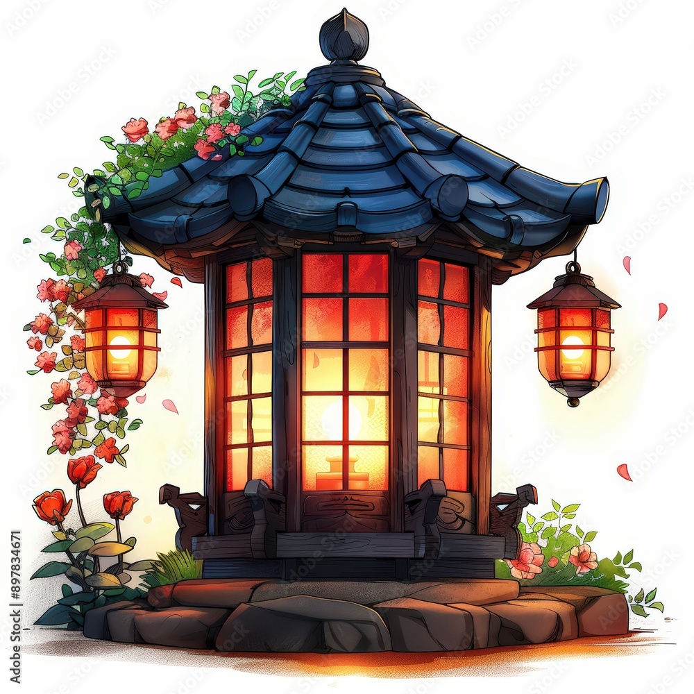 Fototapeta premium Stylized lantern with intricate carvings and soft illumination, Single Object, cartoon on white background