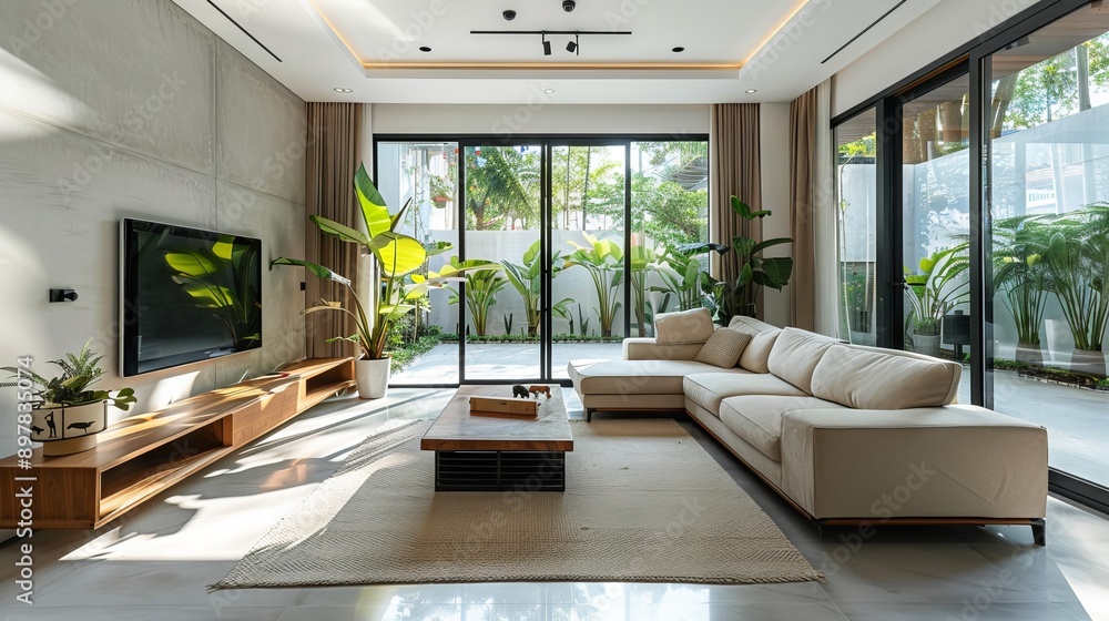 Modern living room with large windows and plants Modern living room with large windows and plants