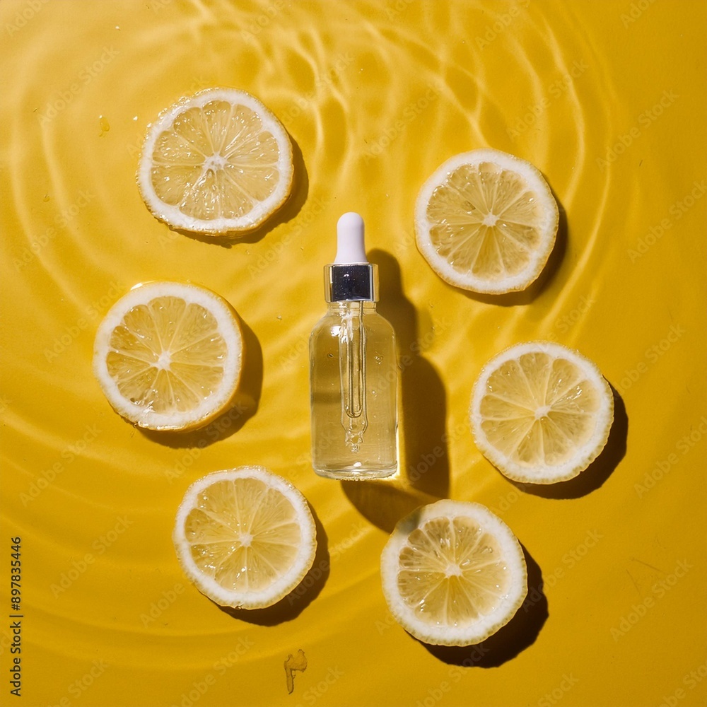 A clear bottle of serum on the yellow table surrounded by a few slices of lemon A clear bottle of serum on the yellow table surrounded by a few slices of lemon