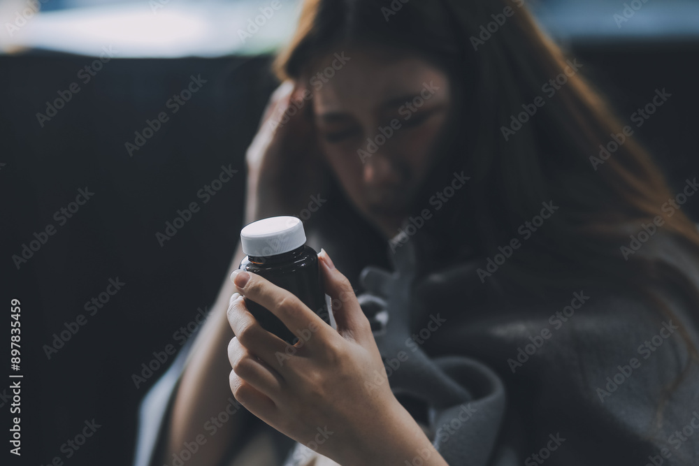 Fototapeta premium A woman with a cold with pills is treated at home chooses which drugs to take and self-medicates, checks the expiration date while sitting on the couch at home