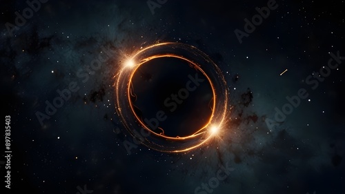 Black hole over star field in outer space, abstract space wallpaper with form of letter O and sparks of light with copy space. Elements of this image furnished by Generative AI photo