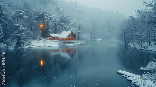 Snowy landscape with a frozen lake