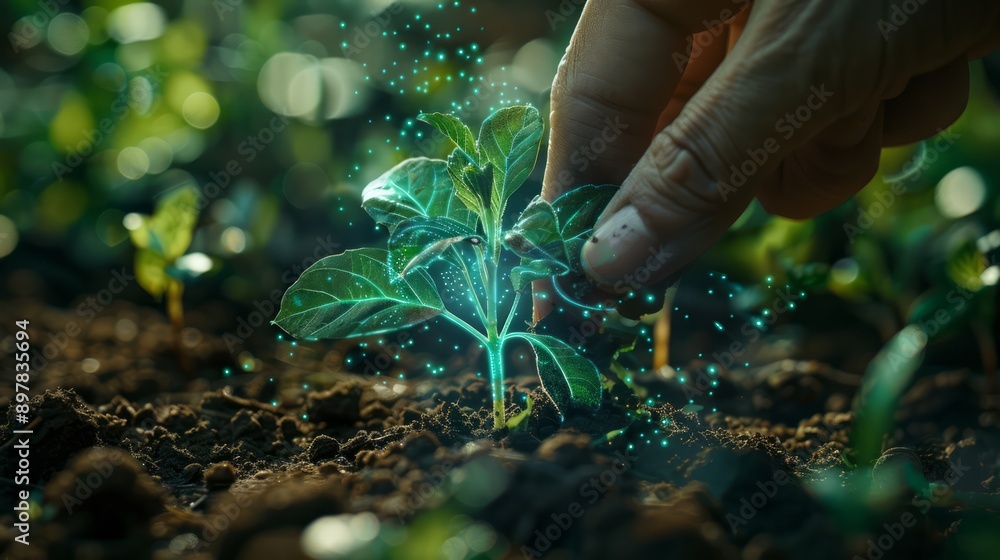 Fototapeta premium Harmony of Nature and Technology: Sustainable Seed Planting and Digital Technology Fusion