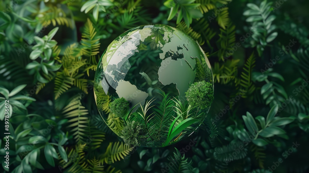 Glass globe encircled by verdant forest flora, symbolizing nature, environment, sustainability, ESG, and climate change awareness Glass globe encircled by verdant forest flora, symbolizing nature, environment, sustainability, ESG, and climate change awareness