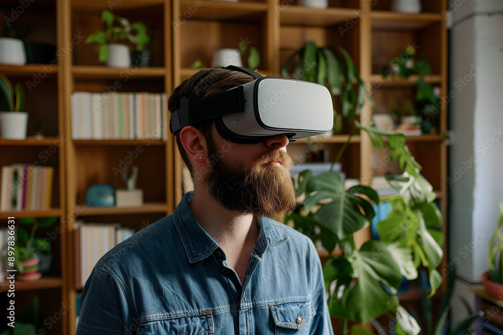 A bearded man wearing a virtual reality headset exploring a digital world in a modern living room filled with green plants and wooden bookshelves, depicting the integration of technology A bearded man wearing a virtual reality headset exploring a digital world in a modern living room filled with green plants and wooden bookshelves, depicting the integration of technology