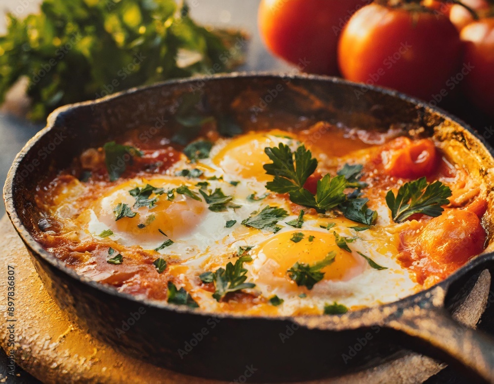 Shakshuka with eggs, tomato, and parsley in a cast iron pan. Shakshuka with eggs, tomato, and parsley in a cast iron pan.