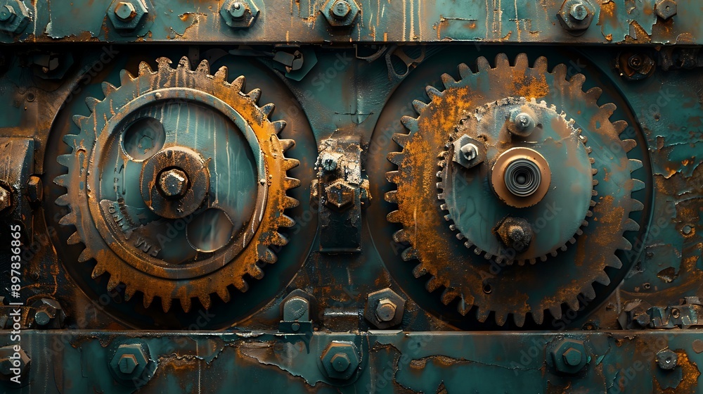 Rusty gears interlocked on a weathered, teal background. Rusty gears interlocked on a weathered, teal background.