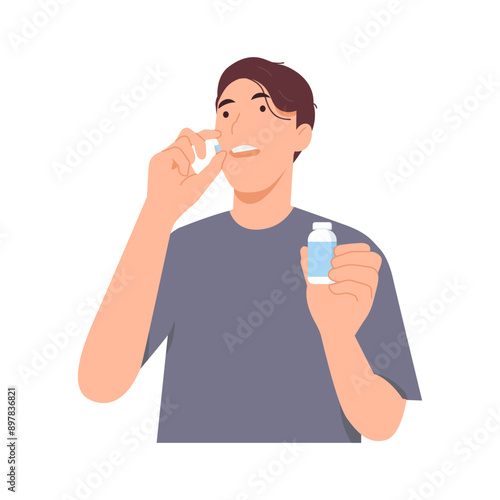 Man taking pills capsules to treat pain. Guy being treated with painkillers or antibiotics. Healthcare with taking vitamins and supplements. Vector illustration