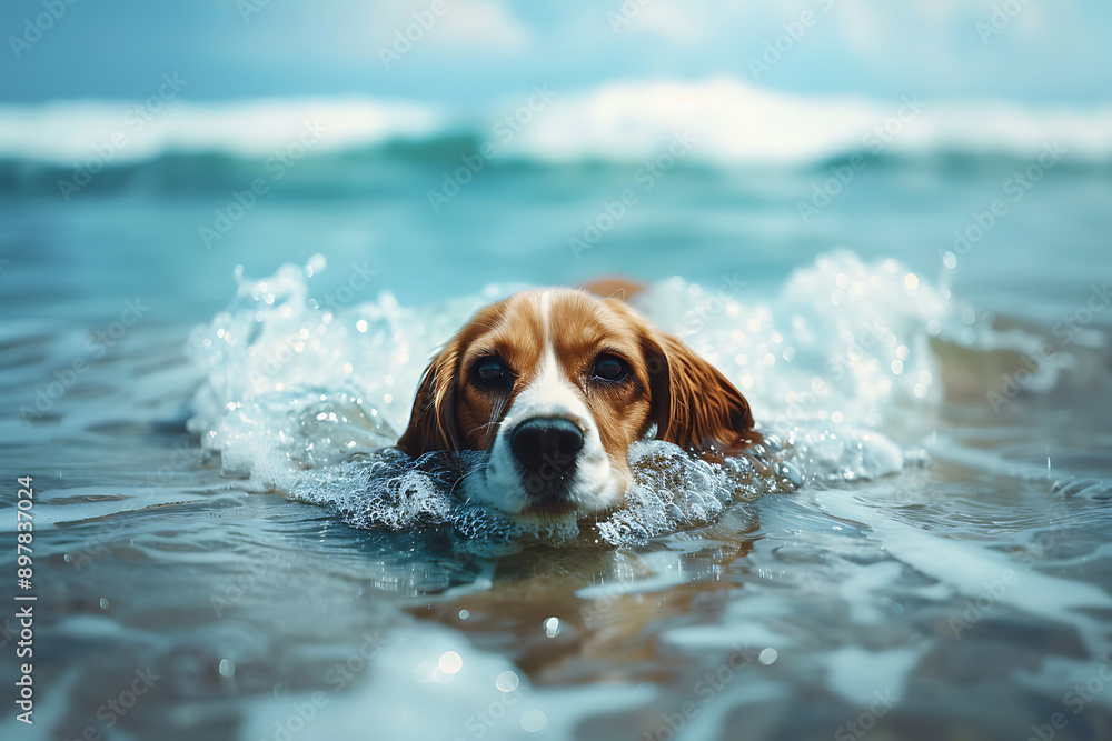 A dog having fun in the sea, enjoying a lively swim amid the ocean waves on a gray day. A dog having fun in the sea, enjoying a lively swim amid the ocean waves on a gray day.