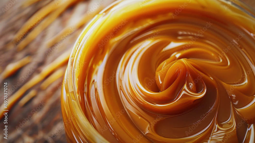 Detail of liquid sweet caramel swirl background in bowl for a snack Detail of liquid sweet caramel swirl background in bowl for a snack