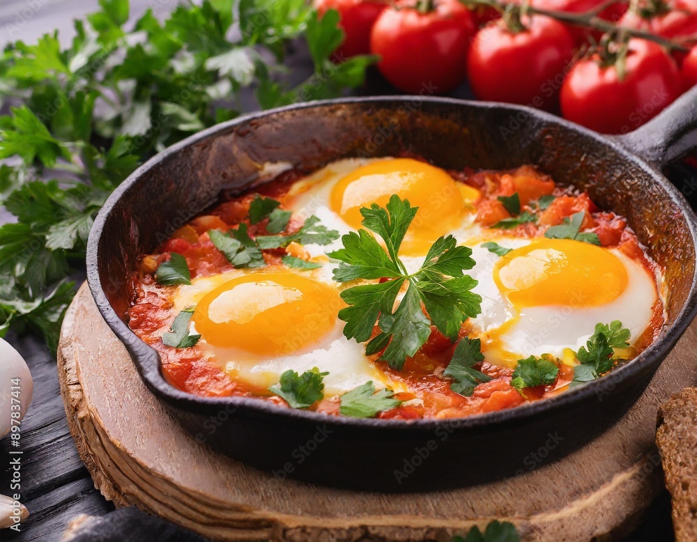 Shakshuka with eggs, tomato, and parsley in a cast iron pan. Shakshuka with eggs, tomato, and parsley in a cast iron pan.
