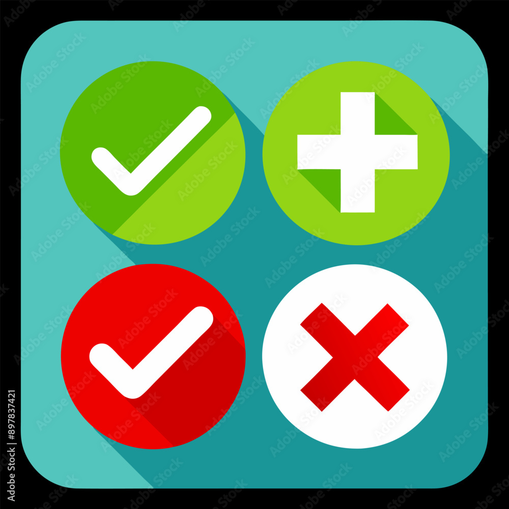 Fototapeta premium Green check mark and red cross icon set. Circle and square. Tick symbol in green color, vector 