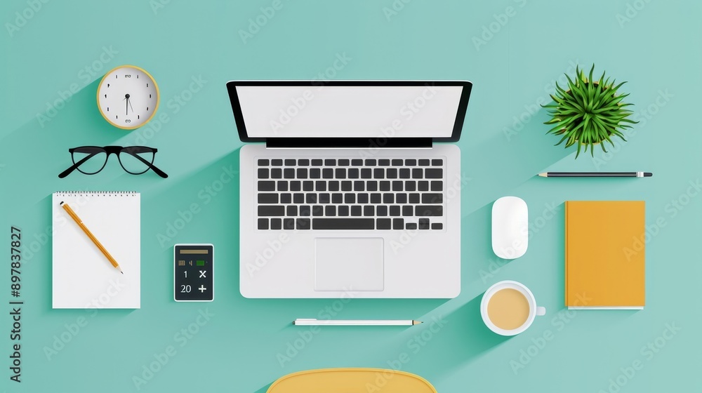 A desk with a laptop, a calculator, a cup, a pen, and a notebook A desk with a laptop, a calculator, a cup, a pen, and a notebook