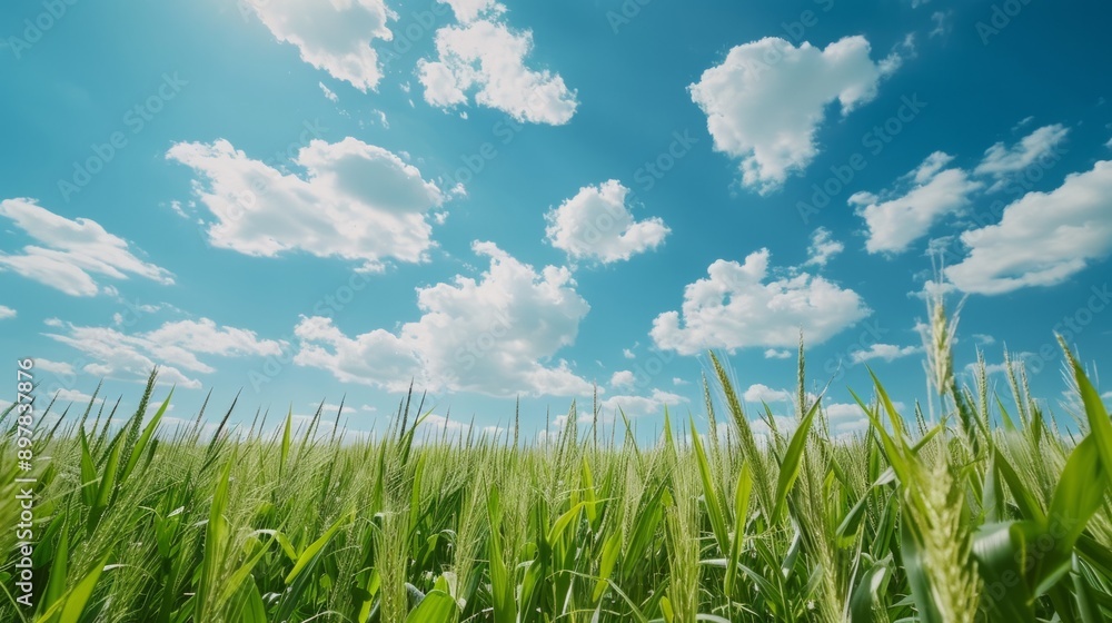 Fototapeta premium green field with beautiful blue sky in the background generative ai