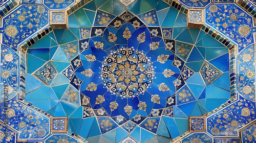 Traditional Persian mosaic wall with geometric and floral designs in Iran Blue ceramic tile background.
