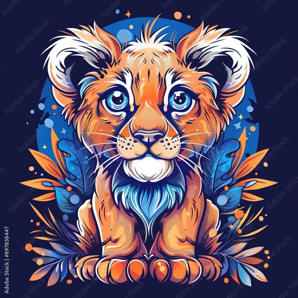 Cute Cartoon Lion Cub with Blue Eyes and Floral Background Cute Cartoon Lion Cub with Blue Eyes and Floral Background
