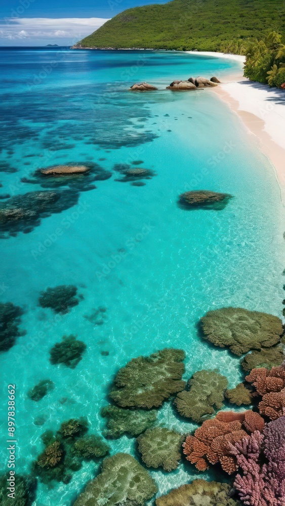 Fototapeta premium turquoise water and corals on a beach with a mountain in the background