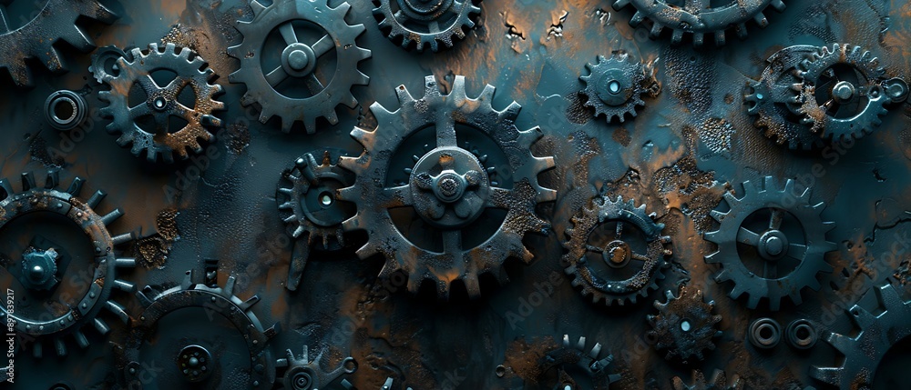 A close-up of rusty metal gears, arranged in a grid pattern. A close-up of rusty metal gears, arranged in a grid pattern.