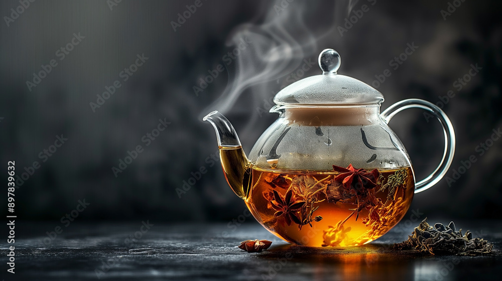 Herbal tea in glass teapot on dark background with space for text high quality image. Herbal tea in glass teapot on dark background with space for text high quality image.