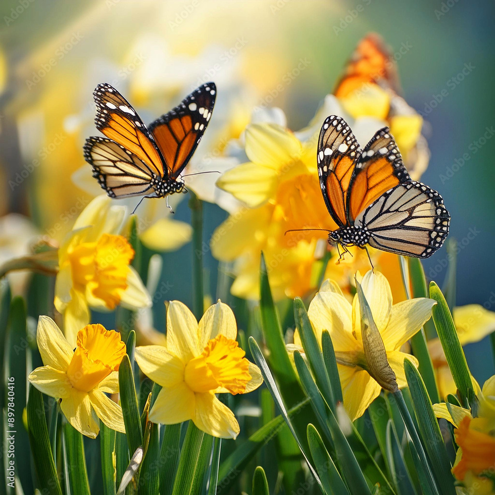 Naklejka premium 수선화 꽃밭에 호랑나비 한쌍이 춤을추고있다.