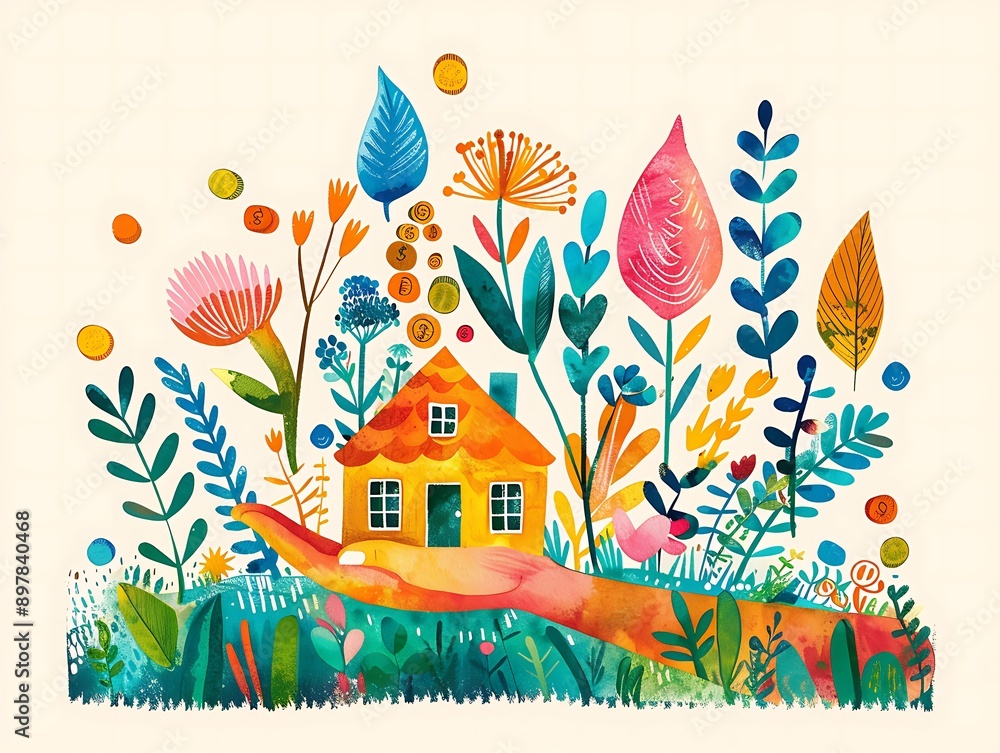 Obraz premium A colorful illustration of a hand holding a yellow house in a garden with flowers and coins.