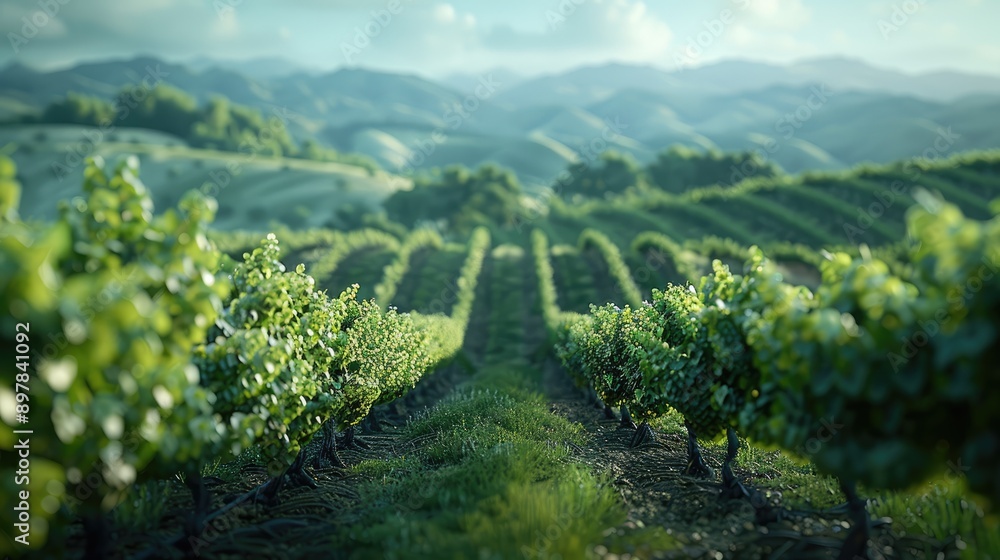 Soft focus vineyard with rolling hills