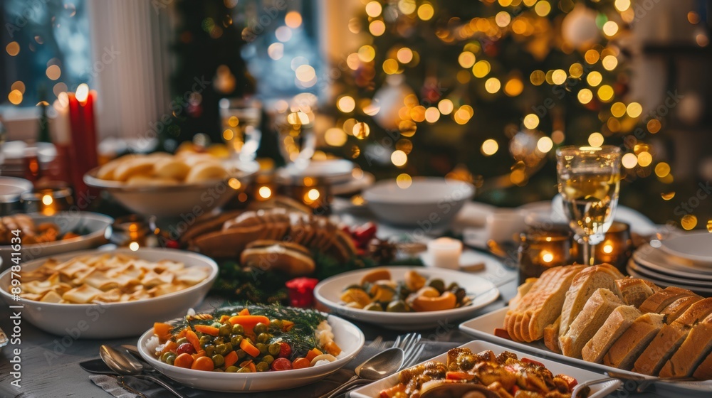 Christmas Dinner table full of dishes with food and snacks, New Year's decor with a Christmas tree on the background Christmas Dinner table full of dishes with food and snacks, New Year's decor with a Christmas tree on the background