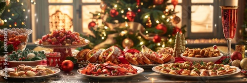 Christmas Dinner table full of dishes with food and snacks, New Year's decor with a Christmas tree on the background © Mentari