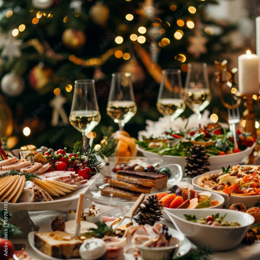 Christmas Dinner table full of dishes with food and snacks, New Year's decor with a Christmas tree on the background Christmas Dinner table full of dishes with food and snacks, New Year's decor with a Christmas tree on the background