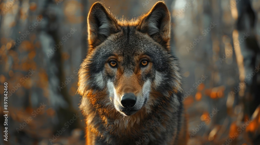 a wolf that is standing in the woods looking at the camera a wolf that is standing in the woods looking at the camera