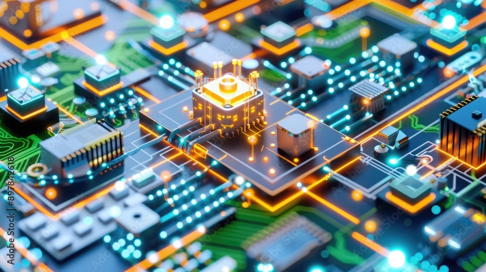 Close-up of electronic circuit board with glowing circuits, representing modern technology and computing hardware. Close-up of electronic circuit board with glowing circuits, representing modern technology and computing hardware.