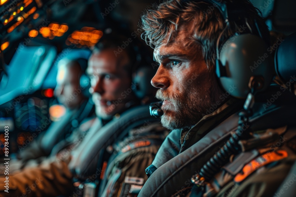 Focused male pilots inside airplane cockpit wearing headsets, demonstrating concentration, technical expertise. Highlights teamwork, professionalism, high-stakes environment aviation operations. Focused male pilots inside airplane cockpit wearing headsets, demonstrating concentration, technical expertise. Highlights teamwork, professionalism, high-stakes environment aviation operations.