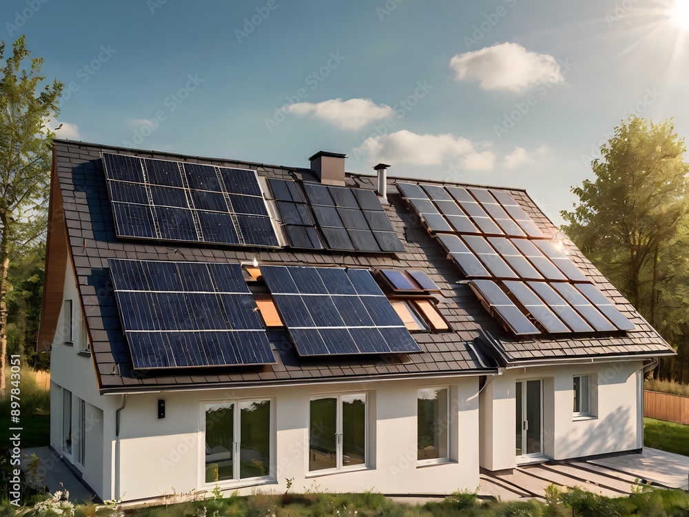 Close-up of a new suburban house with a photovoltaic system on the roof. Simple and modern environmentally friendly house with solar panels on the gable roof, with sunlight during the day Close-up of a new suburban house with a photovoltaic system on the roof. Simple and modern environmentally friendly house with solar panels on the gable roof, with sunlight during the day