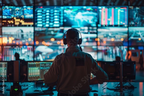 Air traffic controller in modern control room, overseeing flight operations. Multiple screens displaying flight data, coordination, technology, precision in managing air traffic efficiently.