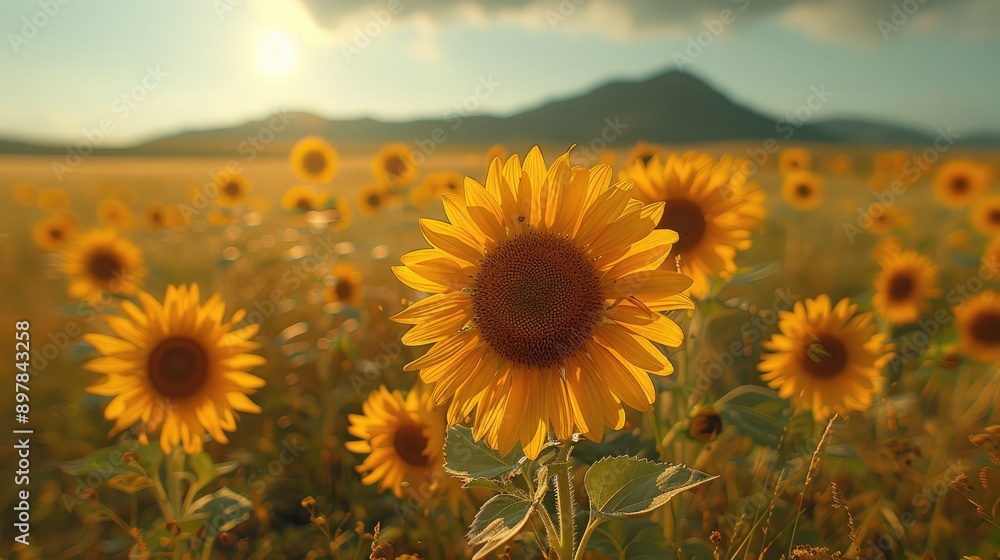 Sunflowers facing the sun in a wide field