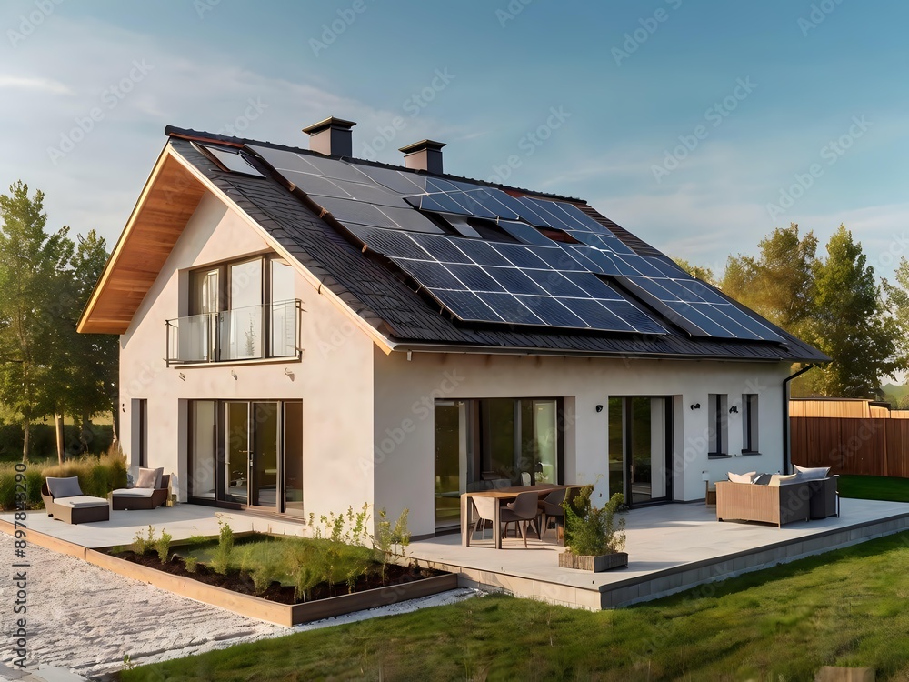 Close-up of a new suburban house with a photovoltaic system on the roof. Simple and modern environmentally friendly house with solar panels on the gable roof, with sunlight during the day Close-up of a new suburban house with a photovoltaic system on the roof. Simple and modern environmentally friendly house with solar panels on the gable roof, with sunlight during the day