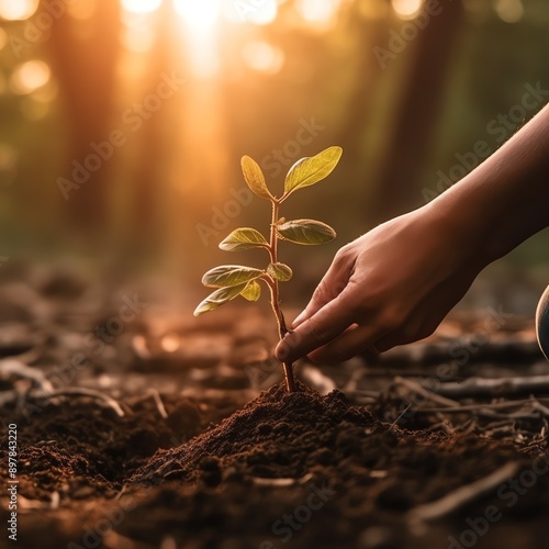 Hands holding or planting a seedling plant in soil. Plants for save earth or world environment day