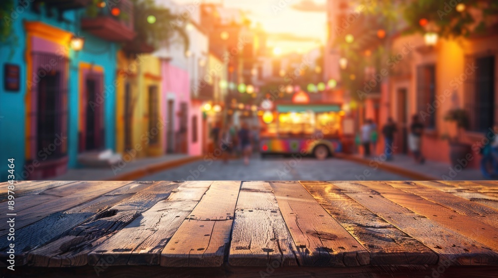 Fototapeta premium Rustic Wooden Tabletop with Blurred Colorful Street Scene