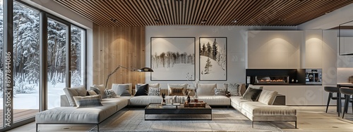 Scandinavian style interior rendering of a modern house featuring a wooden ceiling, white walls, and a light gray sofa. The space includes a large window with a winter landscape view.
