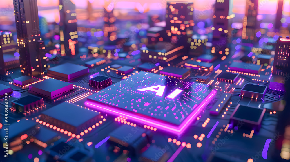 Obraz premium Glowing microchip labeled with neon pink and purple lights situated in the middle of a futuristic cityscape at dusk