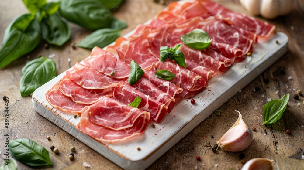 Delicious Prosciutto Slices on a Wooden Board with Basil Delicious Prosciutto Slices on a Wooden Board with Basil