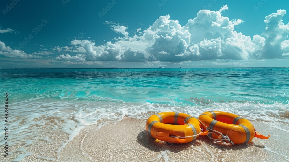 Beautiful Tropical Beach with Clear Blue Water and Life Rings Beautiful Tropical Beach with Clear Blue Water and Life Rings