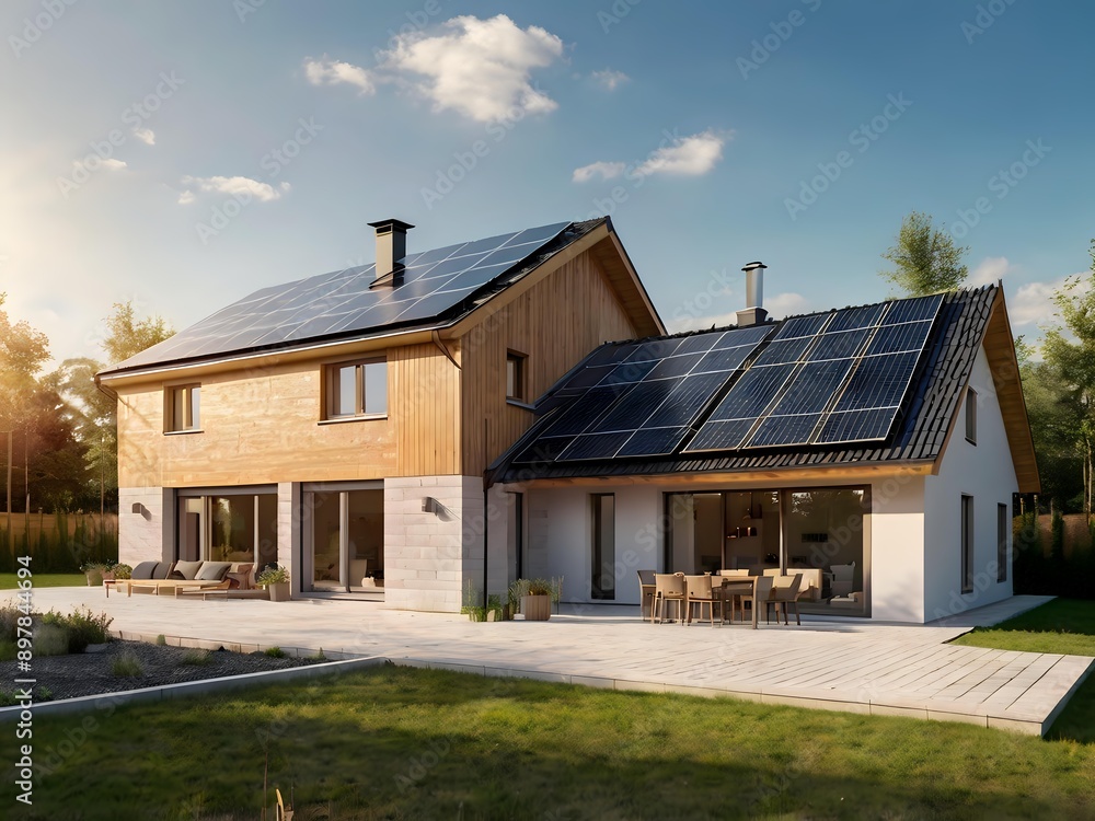 Close-up of a new suburban house with a photovoltaic system on the roof. Simple and modern environmentally friendly house with solar panels on the gable roof, with sunlight during the day Close-up of a new suburban house with a photovoltaic system on the roof. Simple and modern environmentally friendly house with solar panels on the gable roof, with sunlight during the day