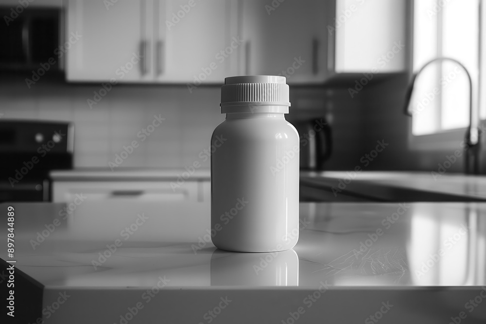 minimalist still life of a pristine white supplement bottle on a sleek modern kitchen counter soft lighting emphasizes clean lines and textures creating a sense of health and wellness minimalist still life of a pristine white supplement bottle on a sleek modern kitchen counter soft lighting emphasizes clean lines and textures creating a sense of health and wellness