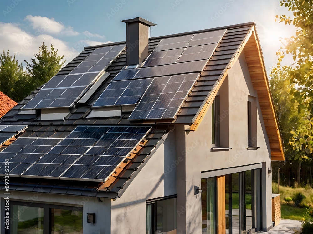 Fototapeta premium Close-up of a new suburban house with a photovoltaic system on the roof. Simple and modern environmentally friendly house with solar panels on the gable roof, with sunlight during the day