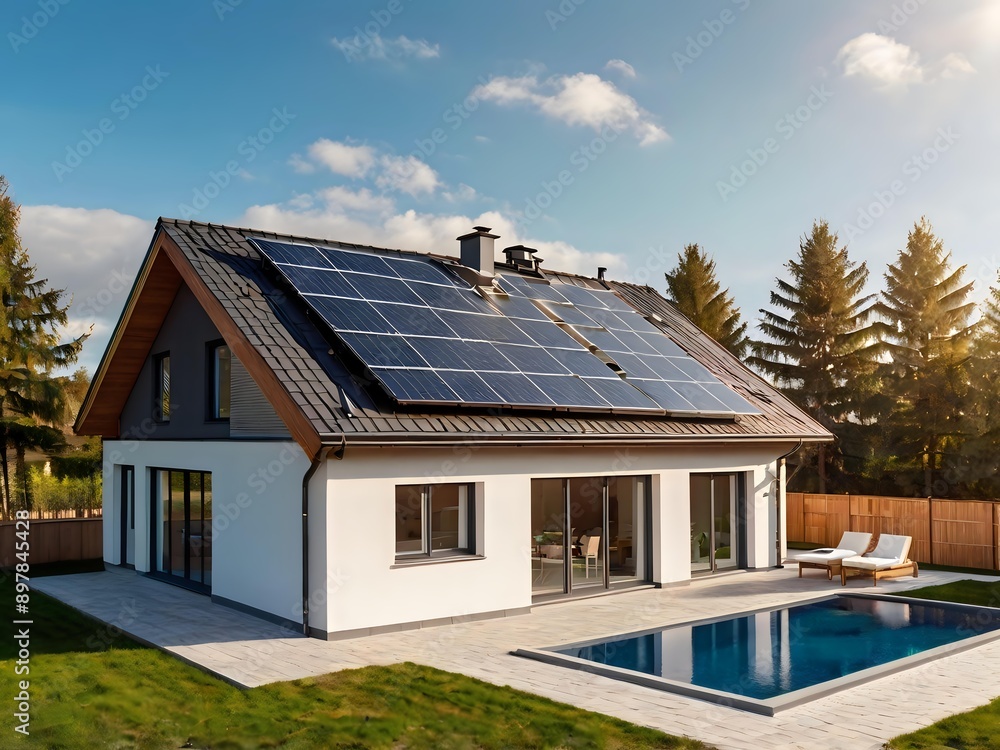 Close-up of a new suburban house with a photovoltaic system on the roof. Simple and modern environmentally friendly house with solar panels on the gable roof, with sunlight during the day