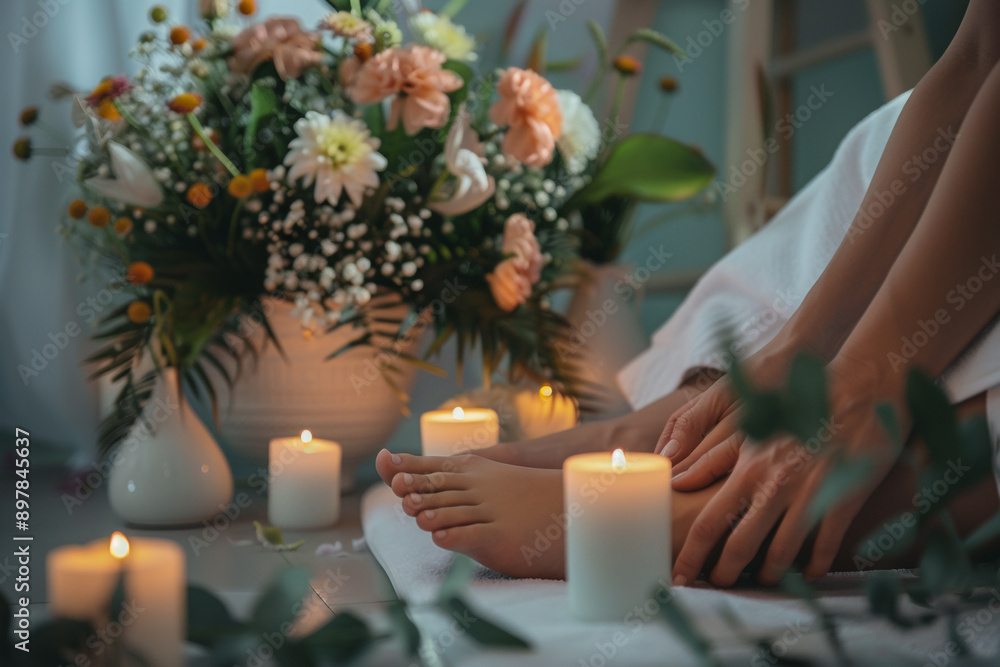 A woman is lying on her back getting her feet massaged in a spa with flowers and candles around, the feet of another person performing a spa massage A woman is lying on her back getting her feet massaged in a spa with flowers and candles around, the feet of another person performing a spa massage